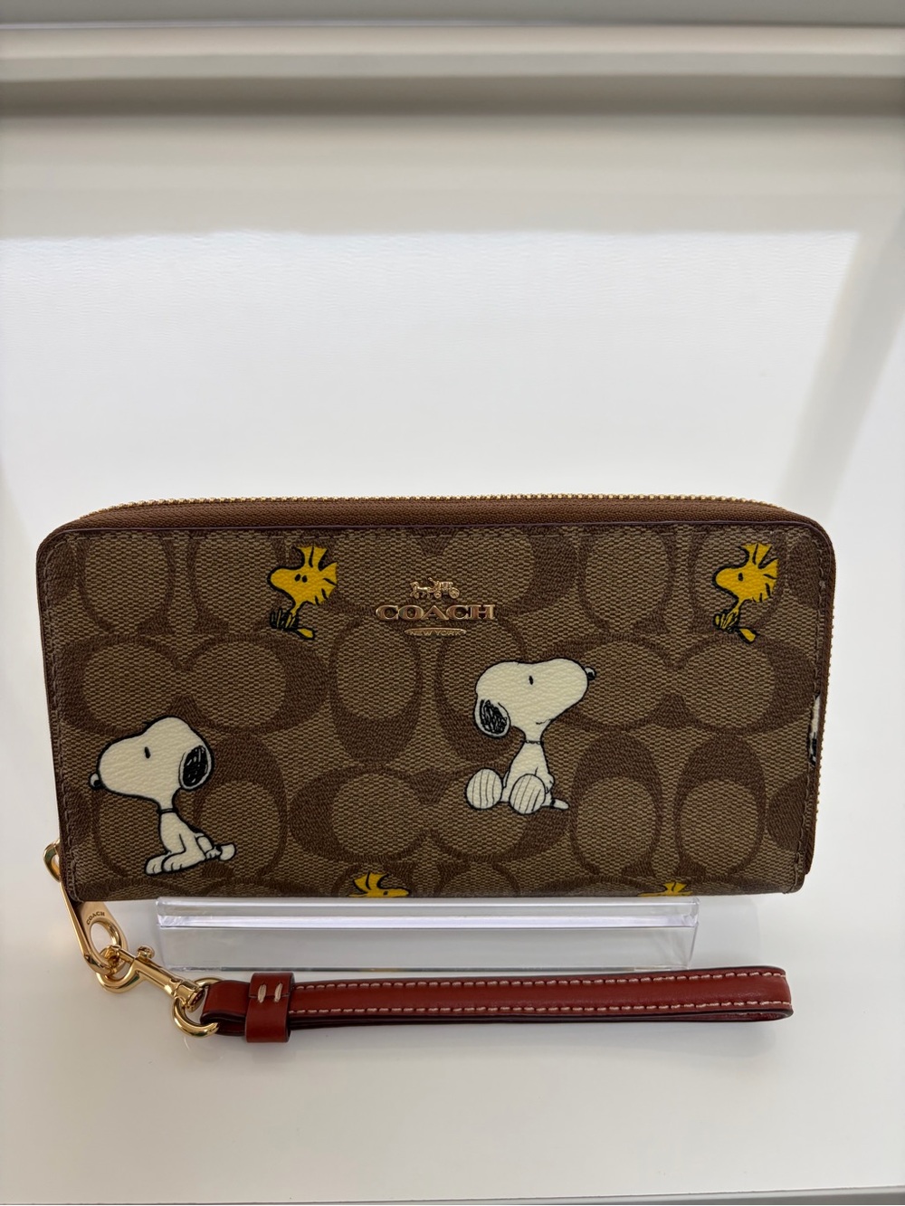 Coach Brown Monogram Long Zip Wallet with Snoopy & Woodstock